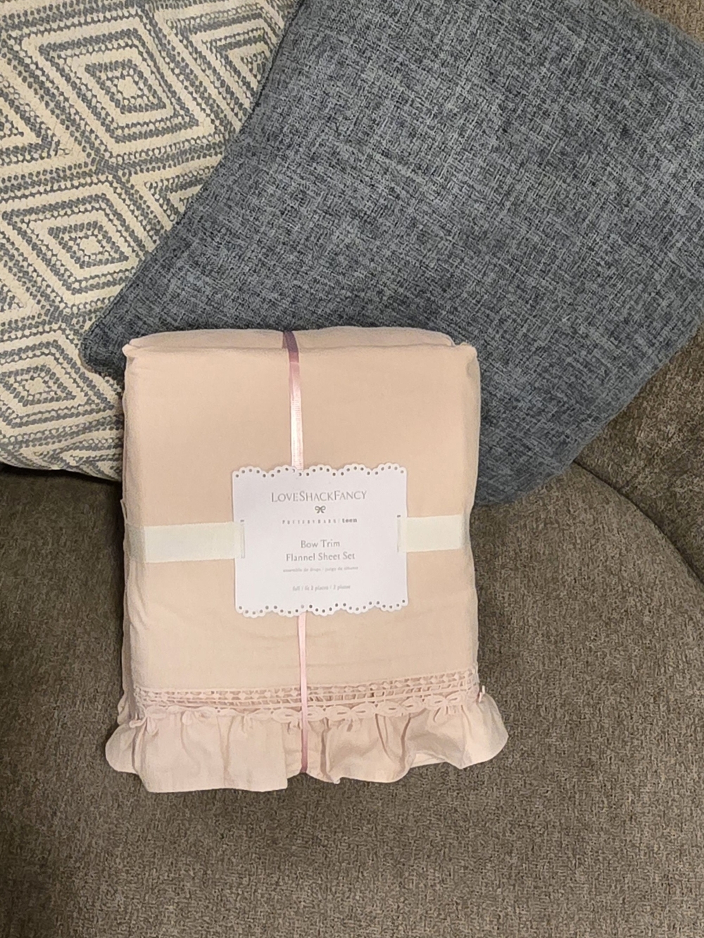 PotteryBarn Teen LoveShackFancy Blush Pink Ruffle Bow-Trim Flannel Sheet Set